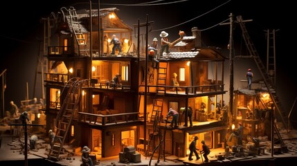 a miniature construction scene, where small-scale workers are using tiny tools to construct a house...
