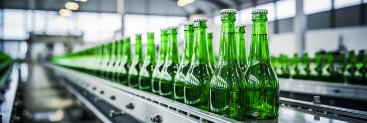 Efficient automated equipment filling beverages into glass bottles at a modern manufacturing plant - obrazy, fototapety, plakaty