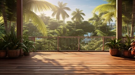 A serene and inviting wooden balcony patio deck with abundant sunlight, offering a breathtaking...