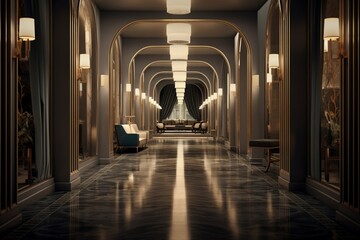 the interior of a luxury hotel corridor, with soft, ambient lighting and a sense of spaciousness. The corridor design combines modern elegance with classic elements. - Powered by Adobe