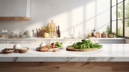 A realistic and well-lit image showcasing a close-up of a marble granite kitchen counter island...