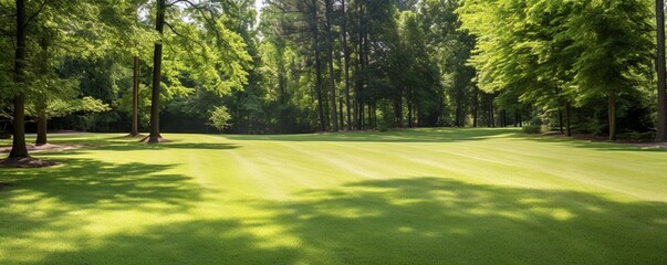 the beauty of a well-maintained lawn surrounded by a forest of trees. The image's composition offers a peaceful and natural background with copy space for creative use. - Powered by Adobe