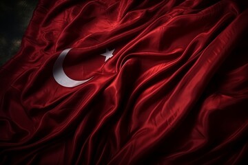 Waving turkish flag on independence day with fabric texture background and copy space