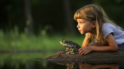 Little girl playing with a frog in the outdoors. 
