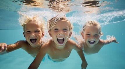 Kids at the swimming pool.  - obrazy, fototapety, plakaty