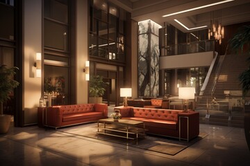 A realistic and well-lit image capturing the interior of a boutique hotel's reception area, with cozy seating, artistic accents, and soft ambient lighting. The overall ambiance is warm and inviting.