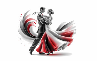 Illustration of a dancing couple in a dynamic modern ballroom dance. Illustration in black and red colors on a white background