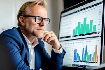 Man and computer with graphs,diagrams and charts on screen. Financial development, Banking Account, Statistics	