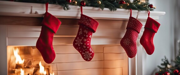 Christmas stockings hanging from fireplace mantel - obrazy, fototapety, plakaty