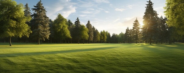 a well-maintained lawn surrounded by a forest of trees.