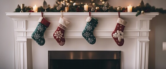 Christmas stockings hanging from fireplace mantel - obrazy, fototapety, plakaty