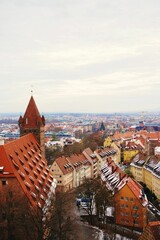 Fototapeta na wymiar Vertical aerial view of the historic scenic skyline of Nuremberg, Germany