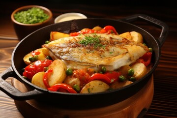 Mouthwatering roasted fish with a crispy golden crust, cooked to perfection in a sizzling pan