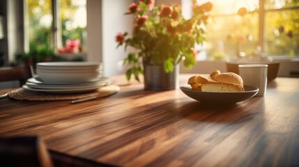 a clean, wooden kitchen table set against a softly blurred background, creating a peaceful and tidy dining space in the midst of culinary activities.