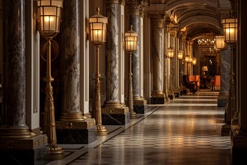 a hotel corridor, highlighting the architectural details, such as decorative columns and ornate...