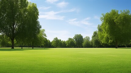 a pristine green lawn framed by trees, offering a visually appealing nature background concept. The clear blue sky provides ample space for customization with text or design elements. - obrazy, fototapety, plakaty