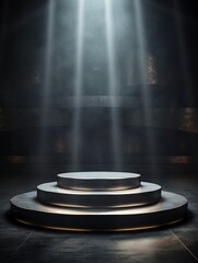 Fototapeta na wymiar Round podium illuminated by searchlights, COPY SPACE, generative ai