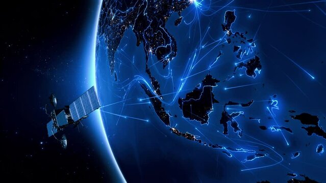 Highly Detailed Telecommunication Satellite over Earth. 3D Rendering. Sending Wifi Telecom Signals to Several Countries. South East Asia Map with City Lights.