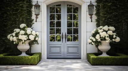a meticulously crafted designer entrance door to a modern country house, set amidst a backdrop of a luxurious exterior and a beautifully landscaped backside garden.