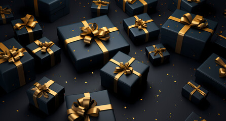 a group of black gift boxes with gold threads, in the style of dark azure, poster, 8k, aerial photography, dark gray, captivating, rtx on