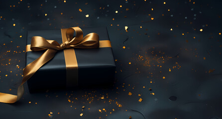 a black and gold Christmas gift wrapping on dark background, in the style of dark gray and dark azure, rtx on, aerial view