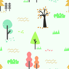 Fun and cheerful seamless pattern with random tree. kid pattern with jungle element. Childish doodle of tree, grass, leaf, and bush. Suitable for background, wallpaper, fabric, and more