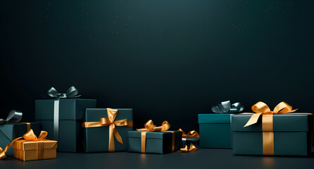 black & gold gift boxes on the backdrop of a dark green background, in the style of dark azure, rtx on, aerial view, captivating, dark gray