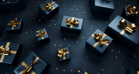black gift boxes with gold ribbons on a blue background, in the style of modern, rtx on, dark gray, aerial photography, precisionist art
