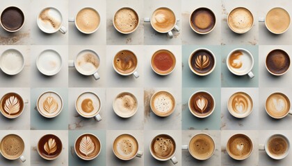 Multiple coffee mugs arranged on a white stone table, captured from an overhead view. - obrazy, fototapety, plakaty