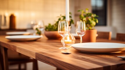 a clean, wooden kitchen table set against a softly blurred background, creating a peaceful and tidy dining space in the midst of culinary activities.