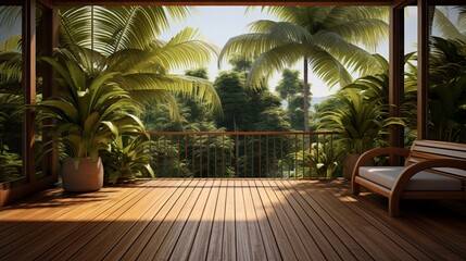 a wooden balcony patio deck bathed in sunlight, surrounded by lush coconut trees. - obrazy, fototapety, plakaty