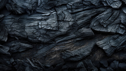 Black burnt wood texture background, abstract pattern of embers or charcoal. Charred timber structure close-up. Concept of coal, bbq, grill, barbecue, fire, firewood, smoke, grunge