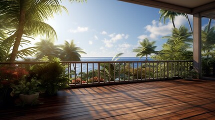 a wooden balcony patio deck flooded with sunlight and offering stunning views of a coconut tree panorama.