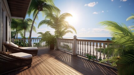The house balcony's mock-up design background enhances the sense of tranquility and summer delight.