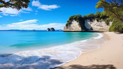 Foto op Plexiglas a panoramic view of Cathedral Cove beach on a sunny summer day, completely devoid of any people. The image showcases the pristine and tranquil beauty of this coastal paradise. © ZUBI CREATIONS