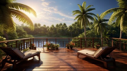 a wooden balcony patio deck flooded with sunlight and offering stunning views of a coconut tree...