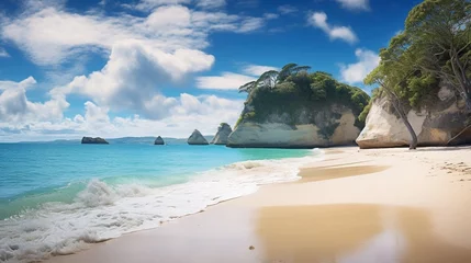 Plexiglas foto achterwand a panoramic view of Cathedral Cove beach on a sunny summer day, completely devoid of any people. The image showcases the pristine and tranquil beauty of this coastal paradise. © ZUBI CREATIONS