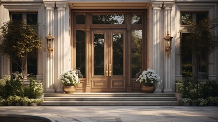 a meticulously crafted designer entrance door to a modern country house, set amidst a backdrop of a luxurious exterior and a beautifully landscaped backside garden. - obrazy, fototapety, plakaty