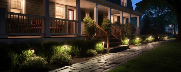 a house's front yard and walkway, seamlessly transitioning from daylight to nighttime illumination. The image showcases the architectural details and the inviting ambiance created by the lighting.