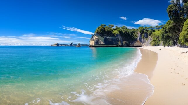 a panoramic view of beach on a sunny summer day, completely devoid of any people. The image showcases the pristine and tranquil beauty of this coastal paradise.