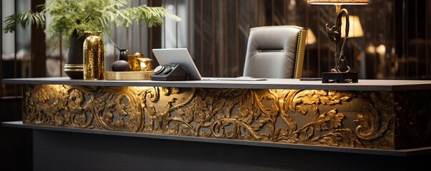 the boutique hotel's reception desk, highlighting the exquisite craftsmanship and attention to detail in its design. The desk is adorned with tasteful ornaments, enhancing the overall aesthetics.