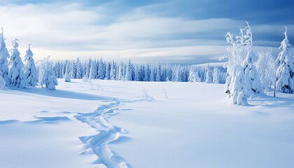 Enchanting panoramic winter scene with glistening snow covered fir branches and delicate snowfall