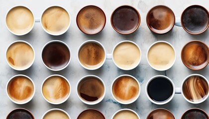 Assorted coffee mugs in various styles and colors on white stone table, captivating overhead view - obrazy, fototapety, plakaty