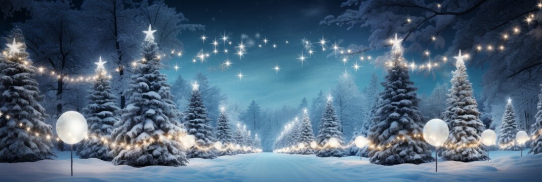 Winter panorama with glistening fir branches and delicate snowfall, creating a magical scene