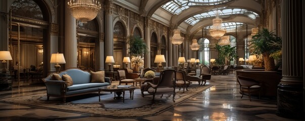 a luxurious hotel lobby featuring grand architecture, exquisite decor, and a spacious, open layout...
