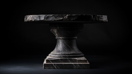 a high-quality black stone pedestal against a dark background. The image highlights the pedestal's...