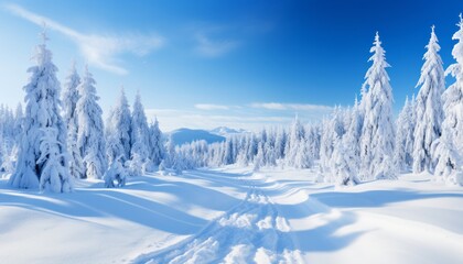 Fototapeta na wymiar Captivating winter wonderland mesmerizing snowfall in panoramic snow covered fir branches scene