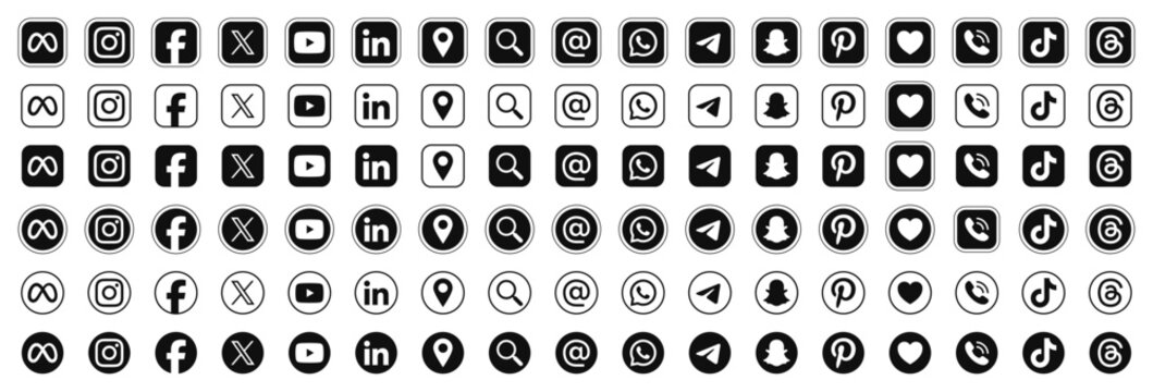 social media icons. social media logo , facebook, instagram, x, youtube, whatsapp, tiktok, icon - Contact us icon set. Web icons , location, call, at, address, search, magnifying glass, website, icon