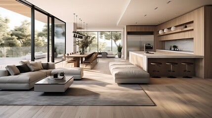 A modern minimalist home interior design with clean lines, sleek furniture, and neutral color palette, featuring an open-concept living space connected to a spacious kitchen, bathed in natural light