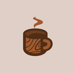 a steaming cup of brown coffee with a wood grain logo